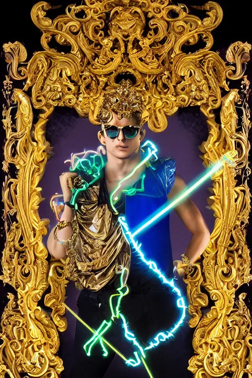 Image similar to full-body neon porcelain bladerunner and rococo style sculpture of a young handsome Cuban prince wearing retro shades and a gold chain, half android face, porcelain chest opening exposing circuitry and electric sparks, glowing laser beam eyes, crown of giant diamonds, flowing neon-colored silk, fabric, raptors. baroque elements. full-length view. baroque element. intricate artwork by caravaggio. many many birds birds on background. Trending on artstation, octane render, cinematic lighting from the right, hyper realism, octane render, 8k, depth of field, 3D