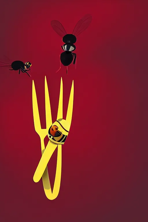 Prompt: fork adventures in the style of bee movie by pixar, crimson - black color scheme, beautiful composition, cinematic lighting, vibrant epic