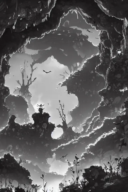 Prompt: overgrown cave, deep abyss cave manga background black and white, in style of made in abyss, no humans,