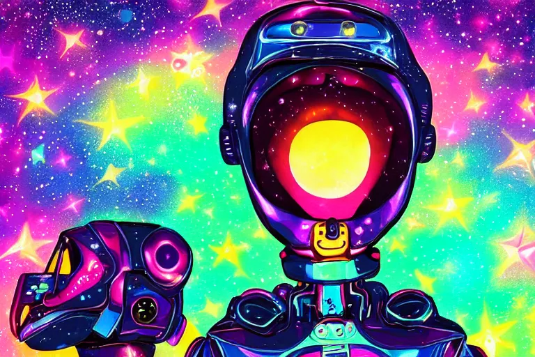 Prompt: digital art of a beautiful princess robot looking up at the stars, acrylic art, painting, vibrant colors, synthwave, retro, neon,