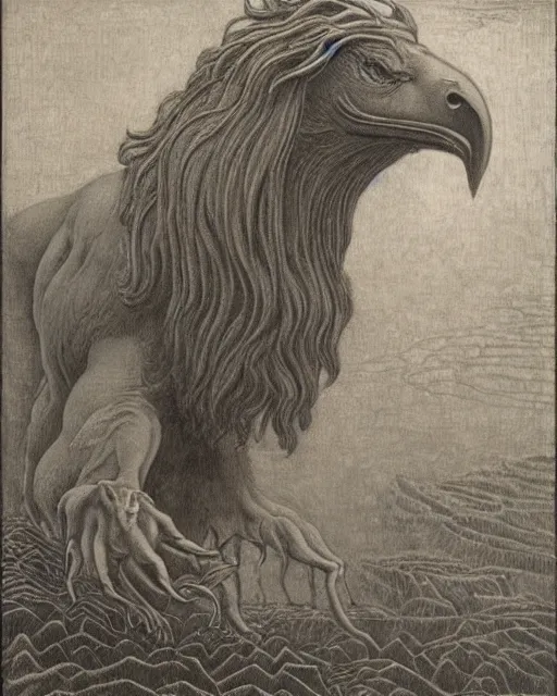 Image similar to a creature with the body and eyes of a man, with the beak of an eagle, the mane of a lion, and the horns of an ox by jean delville