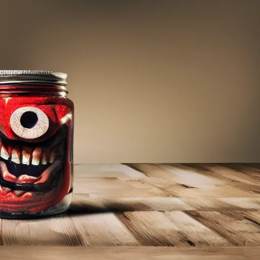 Image similar to Evil monster in a jar, product photography, centered, studio lightning