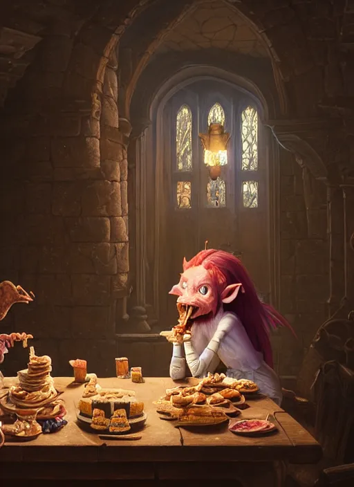 Image similar to highly detailed portrait of a medieval goblin eating cakes in a castle, stephen bliss, unreal engine, greg rutkowski, loish, rhads, beeple, makoto shinkai and lois van baarle, ilya kuvshinov, rossdraws, tom bagshaw, tom whalen, alphonse mucha, global illumination, god rays, detailed and intricate environment