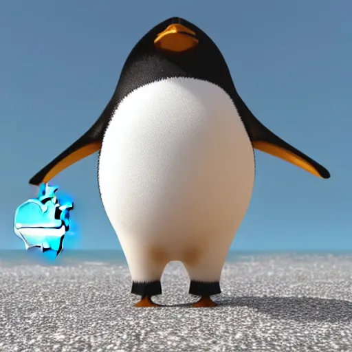 Image similar to a GNU Pinguin shitting on the Apple logo, octane rendering