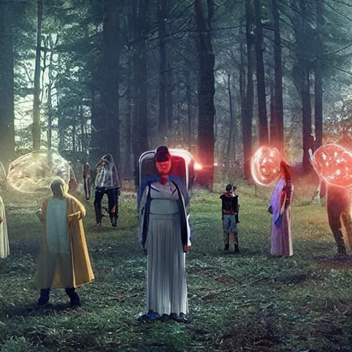 Prompt: a crowd of time travellers futuristic indigenous shamans landing to planet earth, suspended floating in space by witchcraft brujo energy portals, lucasfilm, gregory crewdson