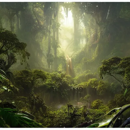 Prompt: cinematic shot of a sci-fi jungle made of trees and animals digital painting, artstation, concept art, soft light, hdri, smooth, sharp focus, illustration, fantasy, intricate, elegant, highly detailed, D&D, matte painting, in the style of Greg Rutkowski and Alphonse Mucha and artemisia, 8k, highly detailed, jurgens, rutkowski, bouguereau, pastoral, rustic, georgic