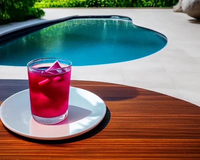 Prompt: 5 5 mm photo of best glass of redwineglass with juice on a zen minimalist round white table with gorgeous pool in the background. highly detailed 8 k. intricate. lifelike. soft light,