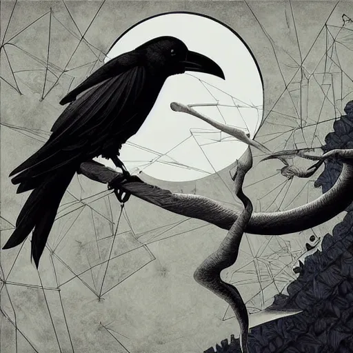 Image similar to a simple crow painting by Android Jones and M. C. Escher collaboration