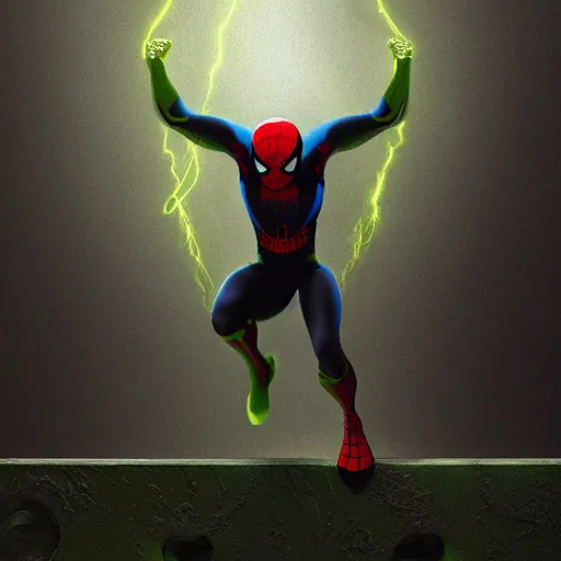 Image similar to moody atmospheric render of a cyborg spiderman with a chartreuse and teal color scheme by leon tukker