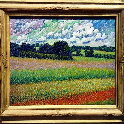 Prompt: oil paint impasto reliefs summer sussex fields, atmospheric, painted with expressive paint and cumulus clouds, some splattered paint, in the style of signac and frank auerbach