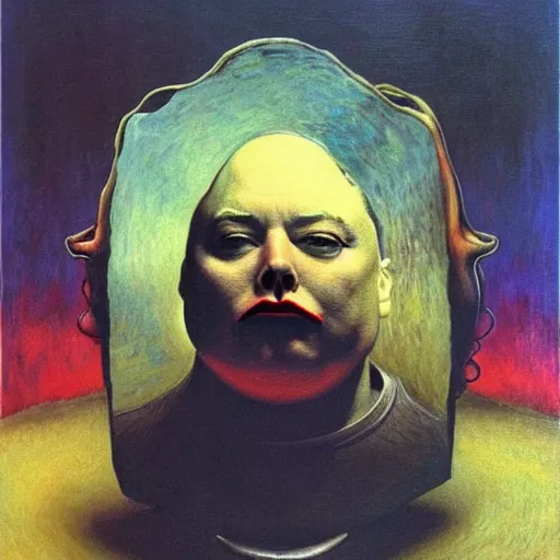 Image similar to Fat chungus Elon musk recognizes its soul in the mirror - contest-winning artwork by Salvador Dali, Beksiński, Van Gogh, Giger, and Monet. Stunning lighting