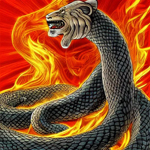 Image similar to the demiurge, a giant snake with the head of a lion, floating in space looking down on the earth beneath it, in flames. detailed digital art