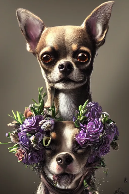 Image similar to ultra realistic illustration, beautiful statue of a chihuahua bouquet, close up shot, cyberpunk, sci-fi, fantasy, intricate, elegant, highly detailed, digital painting, artstation, concept art, smooth, sharp focus, illustration, surrealism