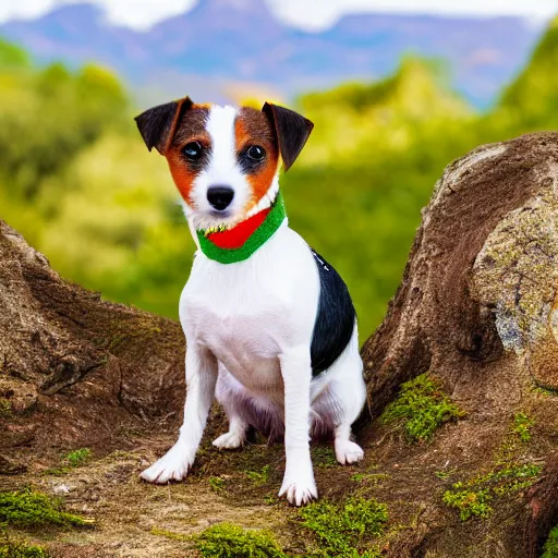 Prompt: portrait of a jack russell terrier dog wearing a rasta collar, with nature in the background, professional portrait, 4 k