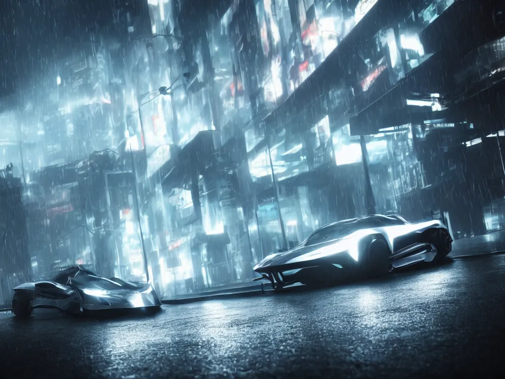 Prompt: Futuristic supercar on wet city streets, mist, volumetric lighting, octane, cyberpunk
