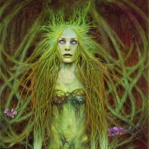 Image similar to rusalka of the blighted swamp, by brian froud, cold colors, oil on canvas