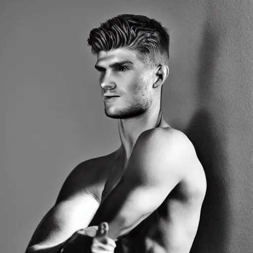 Image similar to a realistic detailed photo of a guy who is an attractive humanoid who is half robot and half humanoid, who is a male android, soccer player timo werner, shiny skin, posing like a statue, blank stare, in a living room, on display, showing off his muscles