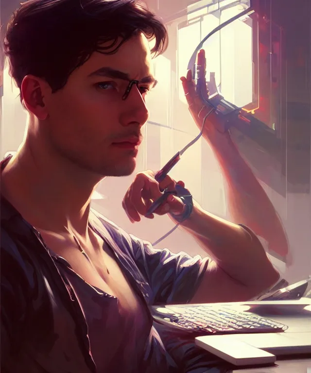 Image similar to Hacker man hacks computer, highly detailed, digital painting, artstation, concept art, smooth, sharp focus, illustration, art by artgerm and greg rutkowski and alphonse mucha