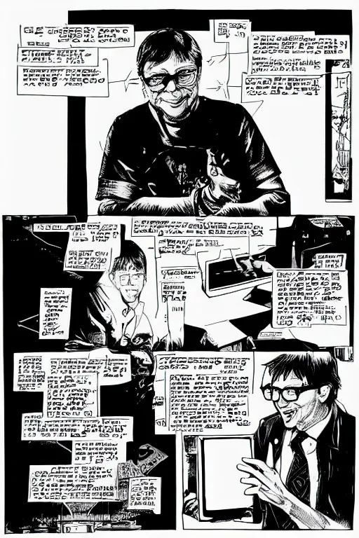 Prompt: microsoft co - founder bill gates presenting the xbox at ces, a page from cyberpunk 2 0 2 0, style of paolo parente, style of mike jackson, adam smasher, johnny silverhand, 1 9 9 0 s comic book style, white background, ink drawing, black and white