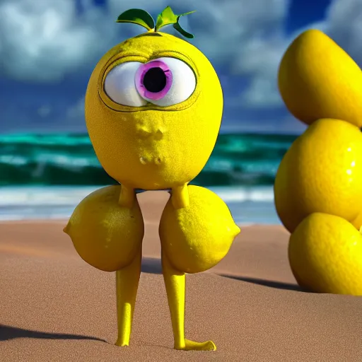 Prompt: 3 d octane render, of an anthropomorphic lemon character looks like monster from the movie وmonsters inc, with lemon skin texture, he is wearing a hat, building a sandcastle on the beach at sunset, beach, huge waves, sun, clouds, long violet and green trees, rim light, cinematic photography, professional, sand, sandcastle, volumetric lightening