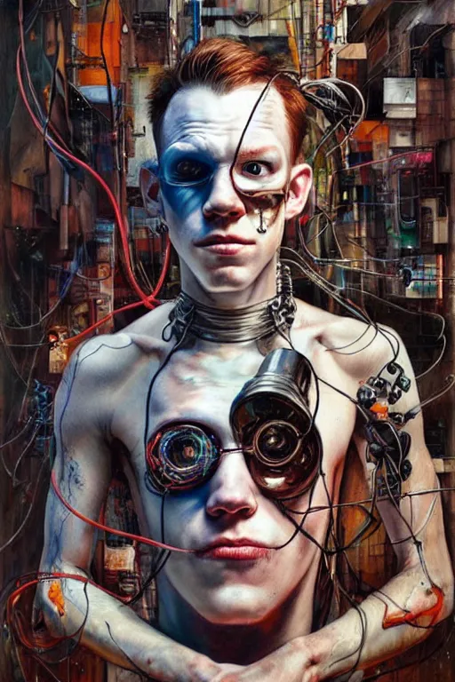 Image similar to cameron monaghan as a cyberpunk hacker, wires cybernetic implants, by esao andrews, jenny saville, james jean