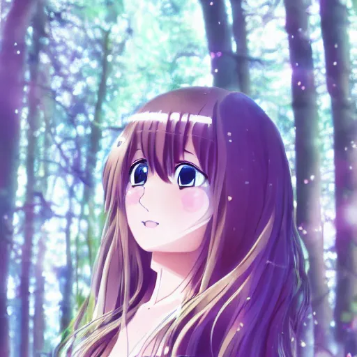 Image similar to photo of an adorable anime girl with long brown hair, looking partly to the left, blue shining eyes, light makeup, light pink lipstick, bokeh forest background, 4k, highly detailed, cel-shaded, anime art style, cartoon