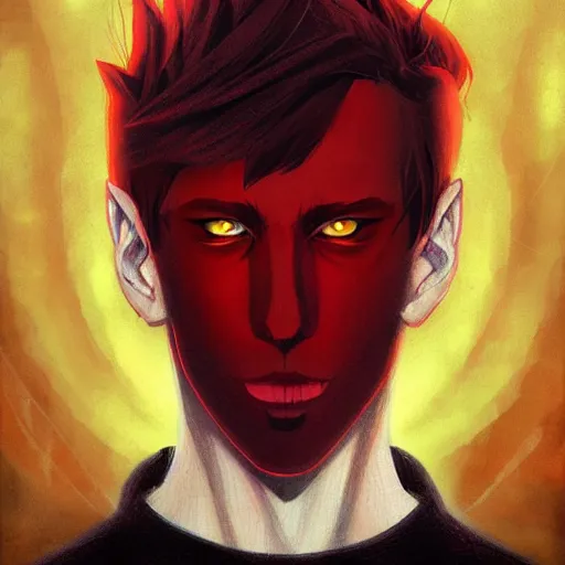 Image similar to headshot portrait of male anime character extremely sharp jaws slit yellow eyes medium red hair inspired by tom hiddleston by anato finnstark, tom bagshaw, brom