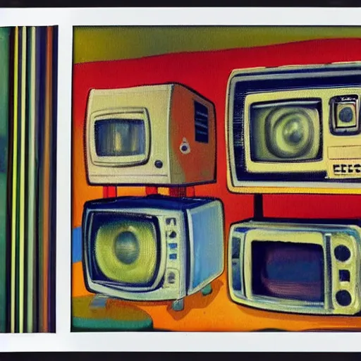 Prompt: array of crt televisions, tv static, antenna, stacked, polaroid, steroids, adult video store, impressionist painting, painting, oil painting, cell shaded, fuzz