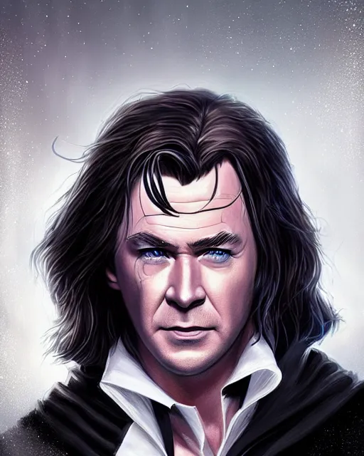 Prompt: portrait of Chris Hemsworth as Professor Snape by Stanley Artgerm Lau, WLOP, Rossdraws, James Jean, Andrei Riabovitchev, Marc Simonetti, and Sakimichan, trending on artstation