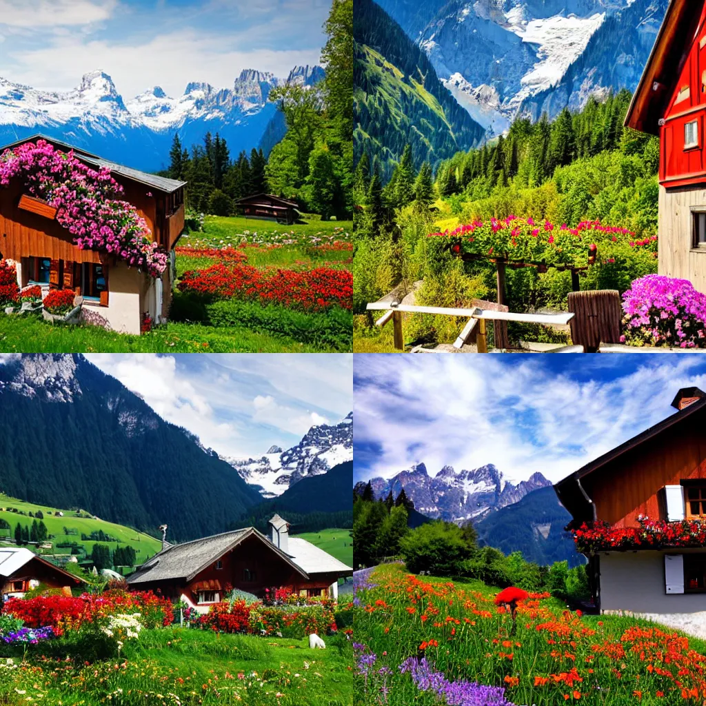 Prompt: Mechanical switzerland chalet, beautiful, mountains, flowers, cows