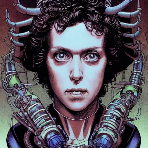 Image similar to portrait of crazy ellen ripley with aliens around, symmetrical, by yoichi hatakenaka, masamune shirow, josan gonzales and dan mumford, ayami kojima, takato yamamoto, barclay shaw, karol bak, yukito kishiro