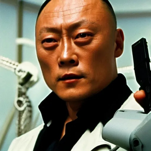 Image similar to young Cary Hiroyuki Tagawa as a cybernetic scifi crime boss