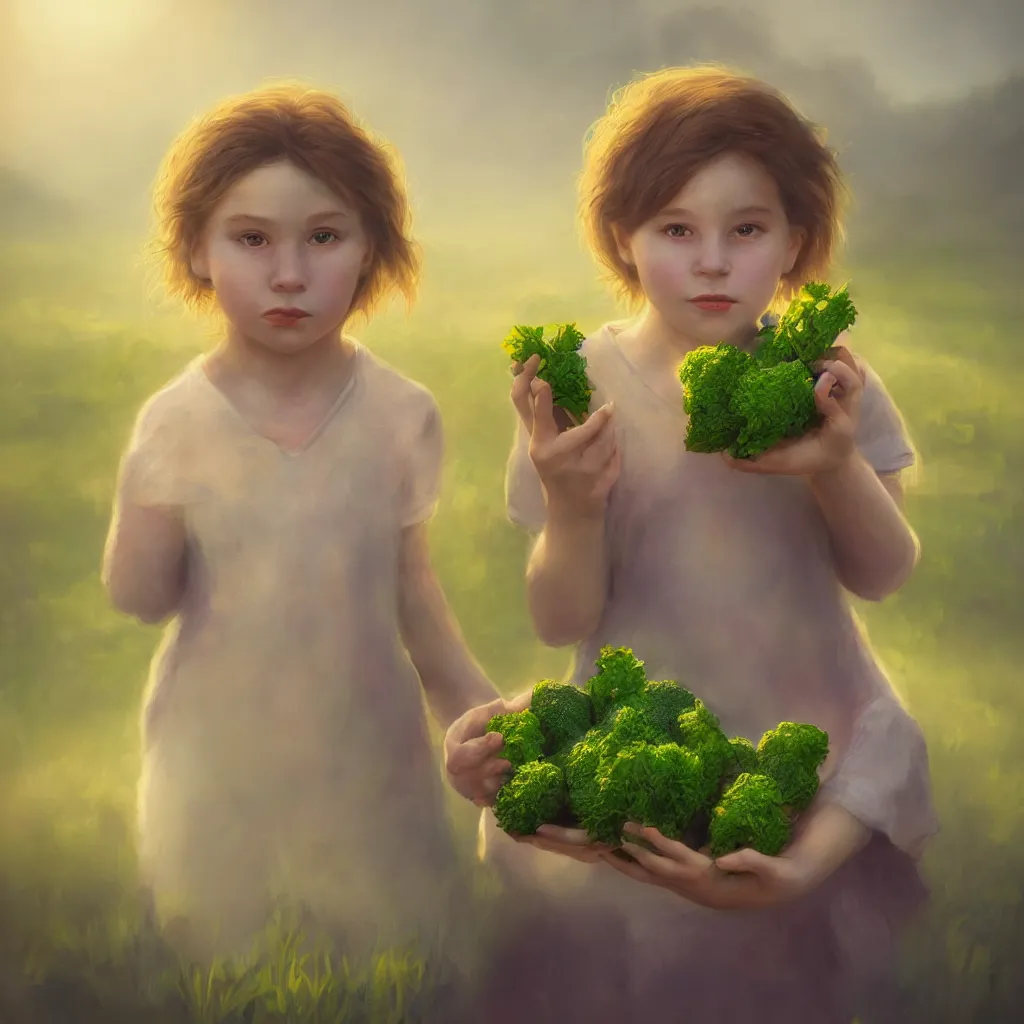 Prompt: Beautiful aesthetically pleasing single female child portrait, centered portrait, Confident holding vegetables, lush farm lands, fog, volumetric lighting beautiful, golden hour, sharp focus, ultra detailed, conceptartworld, Dr Zeuscomic art