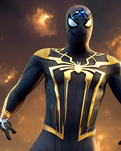 Image similar to photorealistic, hyperdetailed photograph of black spider - man suit with gold webbing by insomniac games