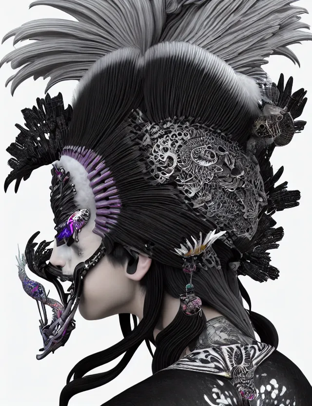 Image similar to 3 d goddess close - up profile portrait punk with mohawk with ram skull. beautiful intricately detailed japanese crow kitsune mask and clasical japanese kimono. betta fish, jellyfish phoenix, bio luminescent, plasma, ice, water, wind, creature, artwork by tooth wu and wlop and beeple and greg rutkowski