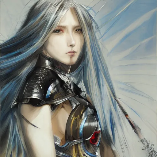 Image similar to Oil portrait with broad brush strokes of an anime girl with long white hair wearing Elden Ring armour with engraving in the style of Yoji Shinkawa, expressive brush strokes, hairs fluttering on the wing, noisy film grain effect, highly detailed, Renaissance oil painting, weird portrait angle, blurred lost edges, three quarter view