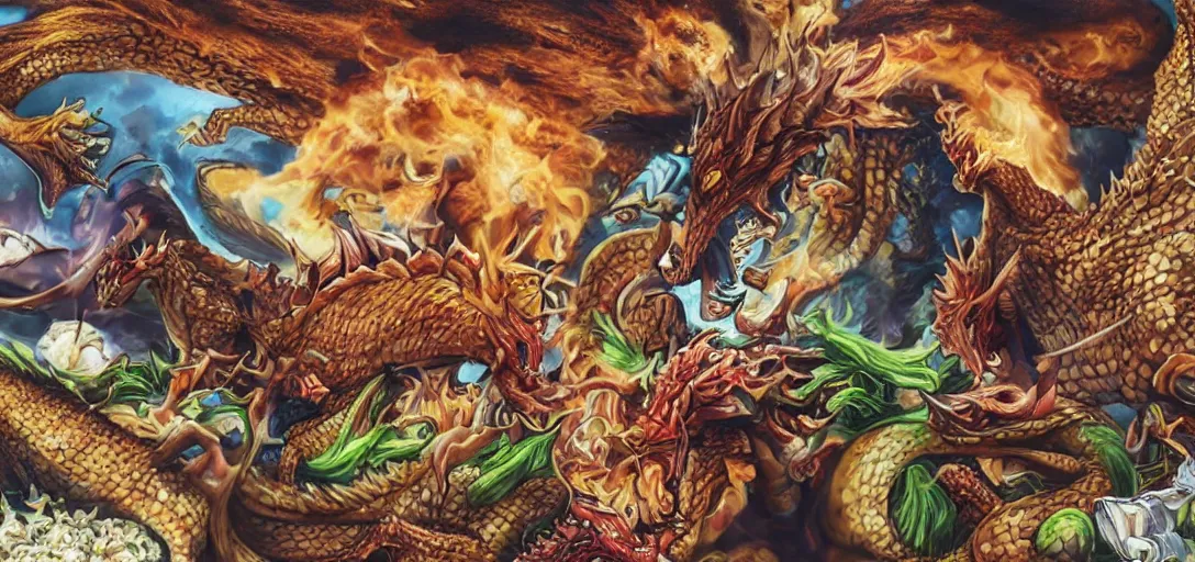 Prompt: food warriors fighting a food dragon