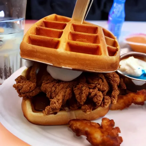 Image similar to fried chicken sandwich with Belgian Waffle Bun, maple syrup & hot fudge, ice cream on the side, 4K, HD