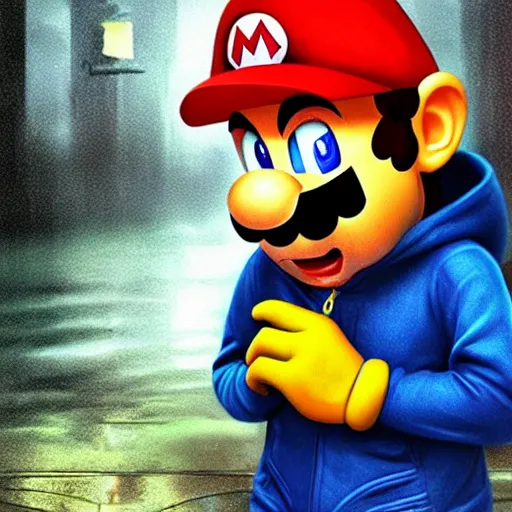 Image similar to depressed Mario in a blue hoodie on the rain, matte painting, realistic, sad, emotional, powerful