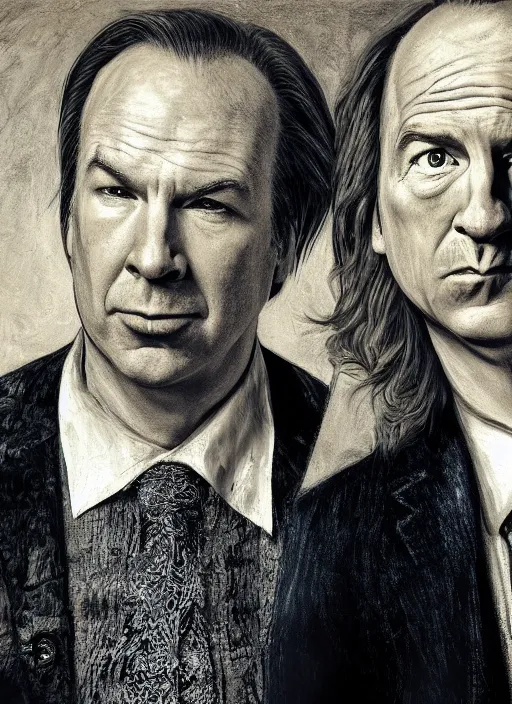 Image similar to portrait of michael mckean and bob odenkirk, baroque portrait, realistic, serious, dark backround