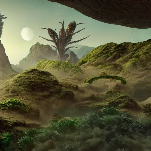 Prompt: An otherwordly, alien landscape with strange plants and creatures, realistic, ultra high detail.