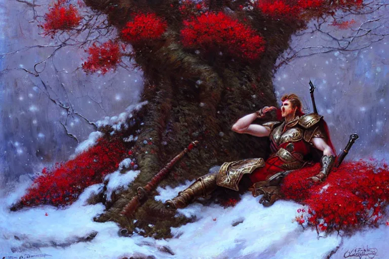 Prompt: winter, a male warrior wearing armor relaxing under a huge tree with red flowers, ground covered with snow, extreme long shot, fantasy, painting by gaston bussiere, craig mullins, j. c. leyendecker, trending on artstation