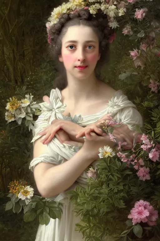 Image similar to queen of the garden full body portrait, loving amber eyes, a shy face, style portrait painting of François Boucher, Oil Painting, unreal 5, DAZ, hyperrealistic, octane render, Regal, Refined, Detailed Digital Art, RPG portrait, William-Adolphe Bouguereau, Michael Cheval, dynamic lighting, Highly Detailed, Cinematic Lighting, Unreal Engine, 8k, HD