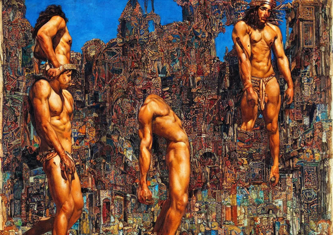 Image similar to a polynesian greek god searching through the streets of an abandoned city, sparse detail, complementary color scheme, by george luks, mati klarwein and moebius