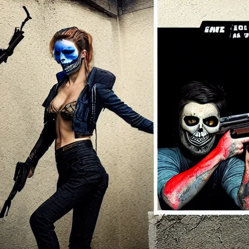 Prompt: emale Samara Weaving with skull face paint, holding a shotgun,Tom Bagshaw, David Baldeon, Rafael Albuquerque comic art, in an action pose, in an alleyway during The Purge, night time dark with neon colors, fires, horror, Tom Bagshaw, David Baldeon, Rafael Albuquerque comic art