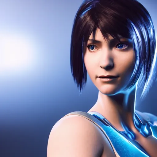 Image similar to cortana from halo, highly detailed, photorealistic portrait, bright studio setting, studio lighting, crisp quality and light reflections, unreal engine 5 quality render