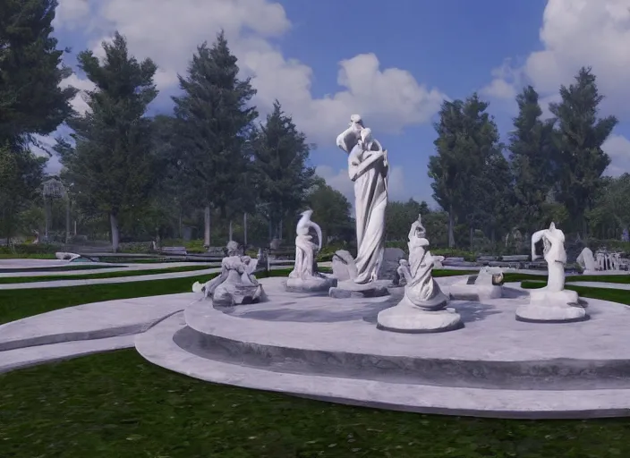 Image similar to a park with many marble statues, unreal engine,