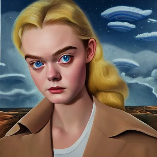 Image similar to professional painting of Elle Fanning in the style of Chesley Bonestell, head and shoulders portrait, symmetrical facial features, smooth, sharp focus, illustration, intricate, stormy weather, extremely detailed masterpiece,