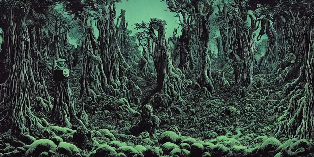 Image similar to Artwork by Richard Corben of the cinematic view of the Celestial Forest of Buried Enchantments.