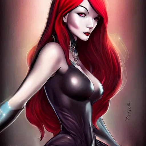 Image similar to princess of darkness, style of moebius, artgerm comic, piercing eyes, long glowing red hair, cinematic, highly detailed, award winning